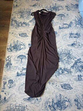 SHEIN BAE Women's Coffee Brown Ruched Detail Draped Asymmetric Hem Midi Dress